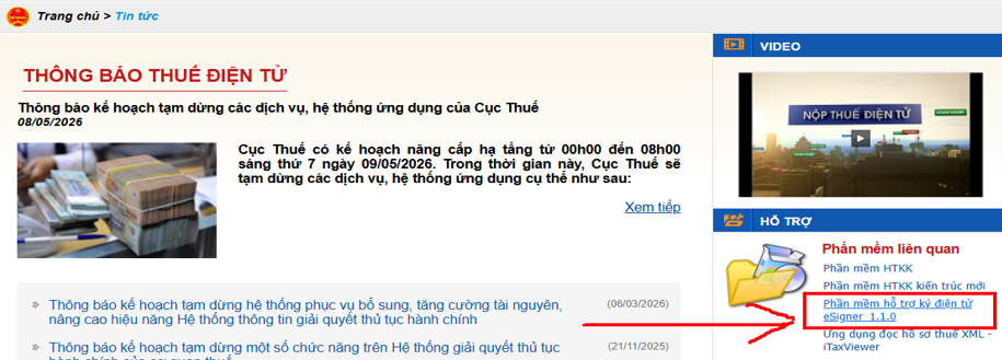 Chọn phần mềm hỗ trợ ký điện tử eSigner 1.1.0 trên hệ thống Thuế điện tử eTax